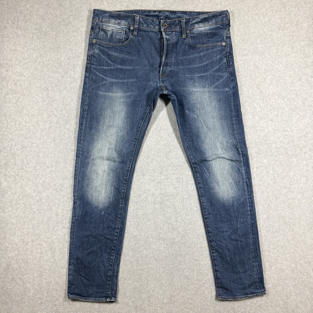 G Star Raw Jeans Mens 34x32 3301 Slim Stretch Denim Crazy Wash Whiskered Faded